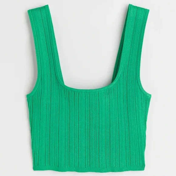 H&M Ribbed Square-Neck Crop Tank - Green - Picture 1 of 2
